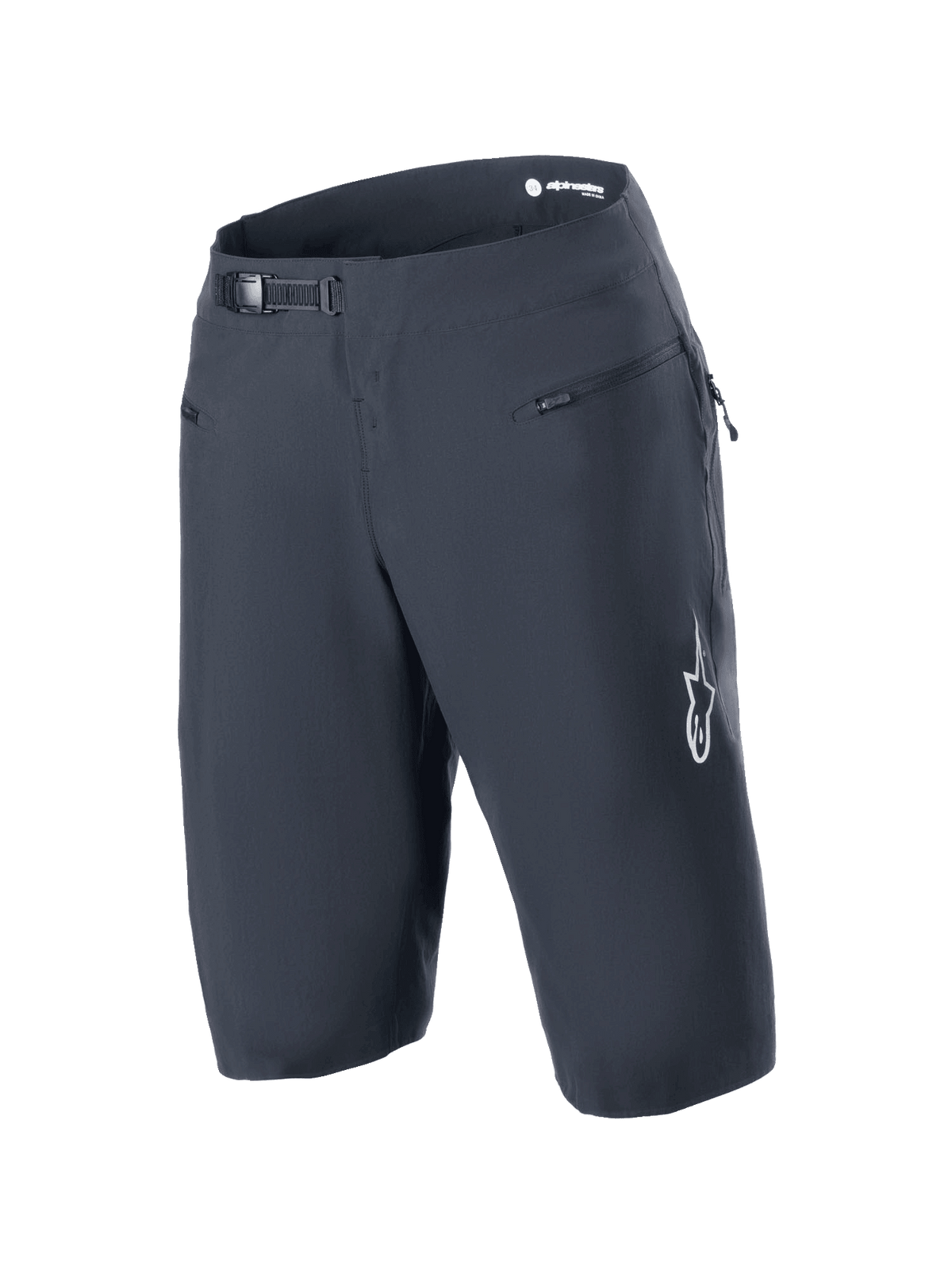 Alpinestars A-Aria Shorts, Black, Mountain Bike Shorts featuring a ratchet waist closure system and zippered front pockets, with white Astars logo on the leg, technical performance cycling apparel