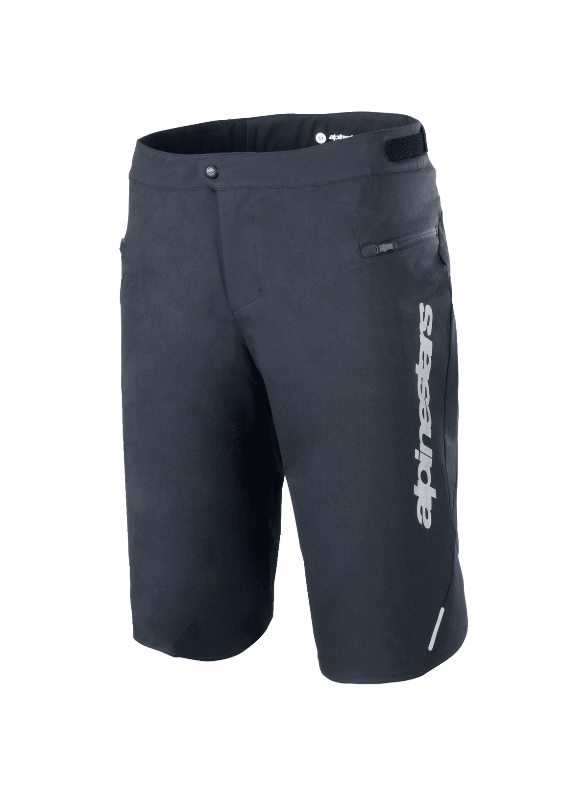 Alpinestars A-Dura Elite Shorts, Mountain Bike Shorts, Black, featuring a vertical white Alpinestars logo on the left leg, zippered side pocket, snap front closure with hook-and-loop waist adjusters, reflective accent, durable 4-way stretch Cordura fabric for off-road cycling