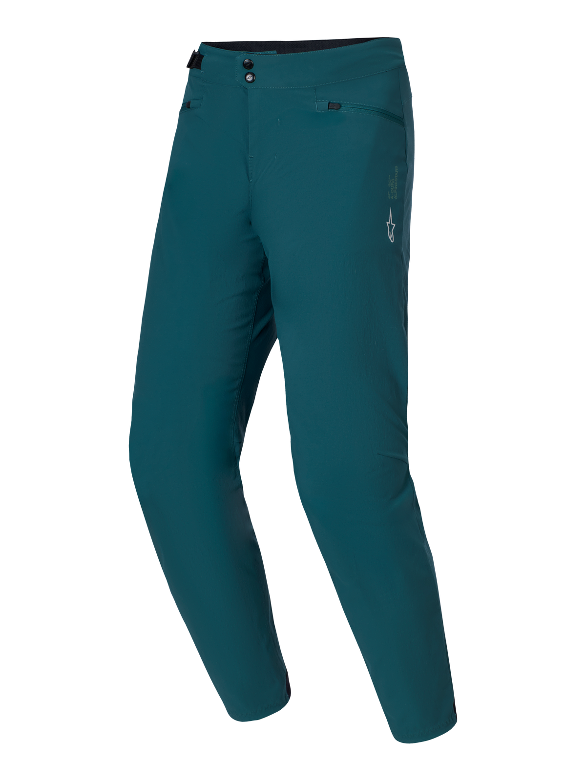 Alpinestars A-Dura Pants, Mountain Bike Pants, Dark Pine green, features double snap closure and side waist adjusters, white star logo on the left thigh, durable 2-way stretch textile for MTB trail riding