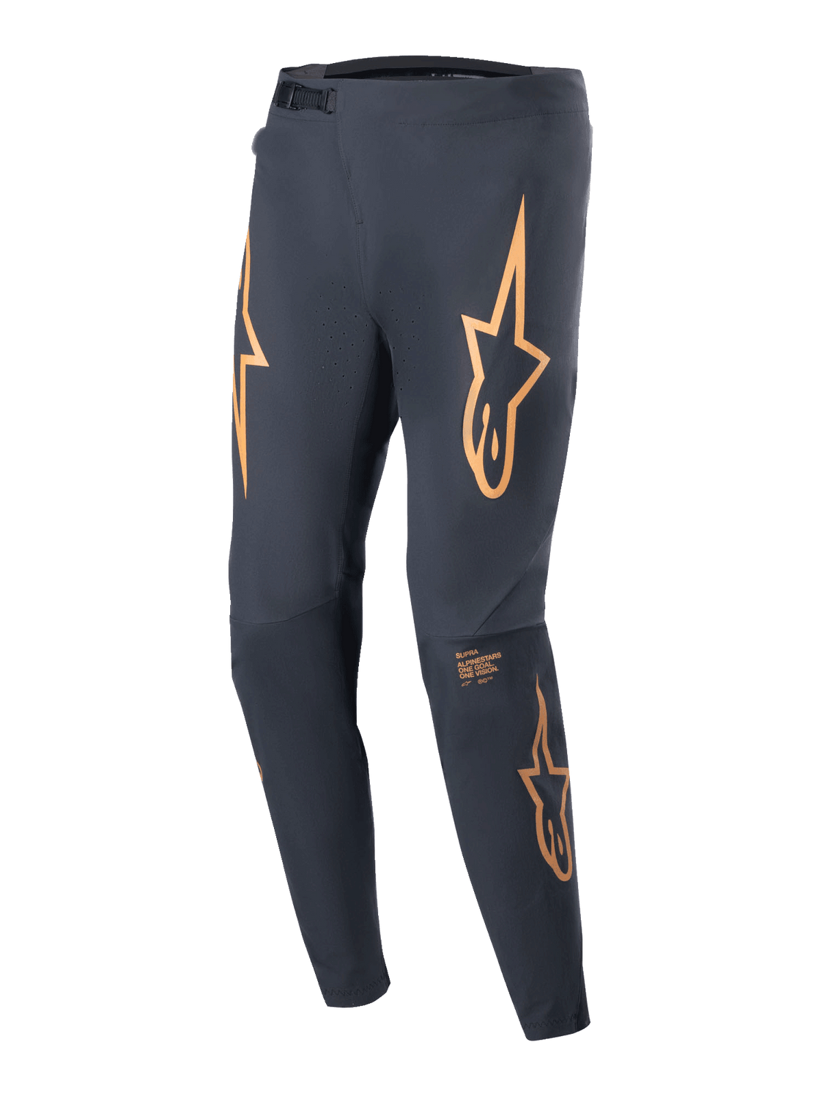Alpinestars A-Supra Race Pants, pantalones de ciclismo MTB, negros con logotipos de estrella naranja prominentes en los muslos, cierre frontal de trinquete, ventilación perforada por láser y ajuste atlético cónico