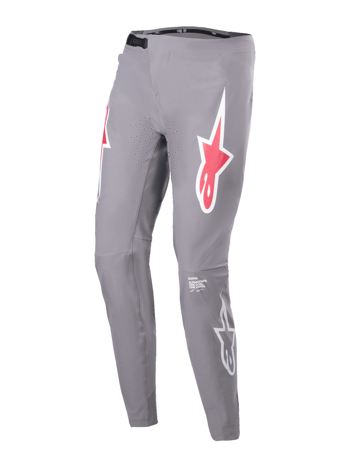 Pantalones Alpinestars A-Supra Race, pantalones de carrera MTB, gris oscuro, con logotipos de estrella rojos y blancos en los muslos, orificios de ventilación perforados con láser, cierre de cintura de trinquete negro, ajuste de rendimiento ceñido para ciclismo de montaña