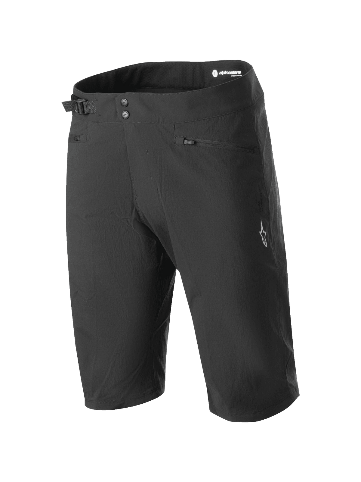 Alpinestars A-Dura Shorts, Mountain Bike Shorts, Black, featuring double snap closure, side waist cinch adjuster, zippered pockets, and white logo on the leg, durable 2-way stretch fabric for off-road cycling