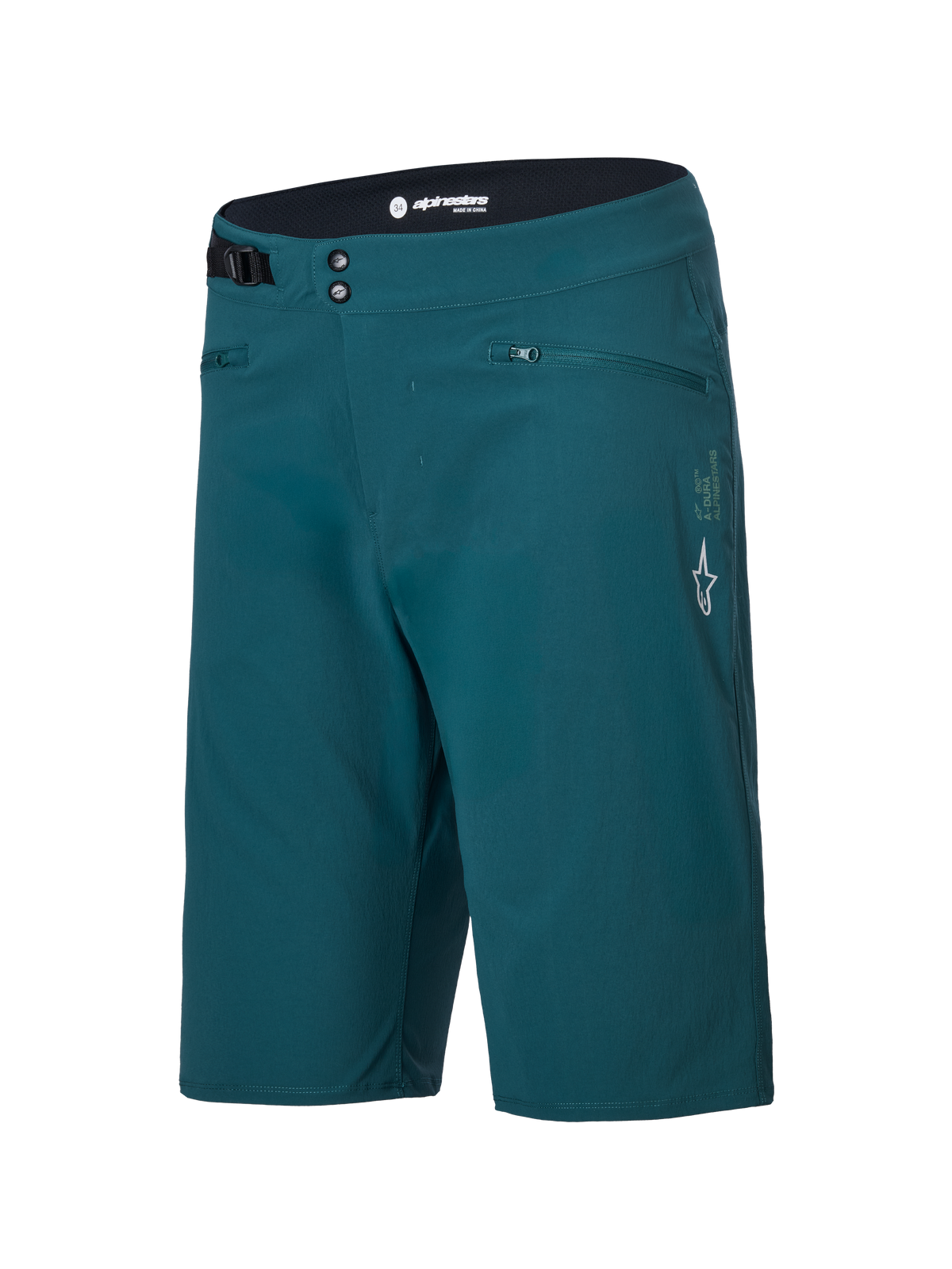 Shorts Alpinestars A-Dura, shorts de ciclismo de montaña, color verde pino oscuro, con bolsillos con cremallera, cierre frontal de doble broche, ajuste lateral de cintura regulable y logo blanco de Alpinestars en la pierna izquierda, diseño duradero para ciclismo MTB