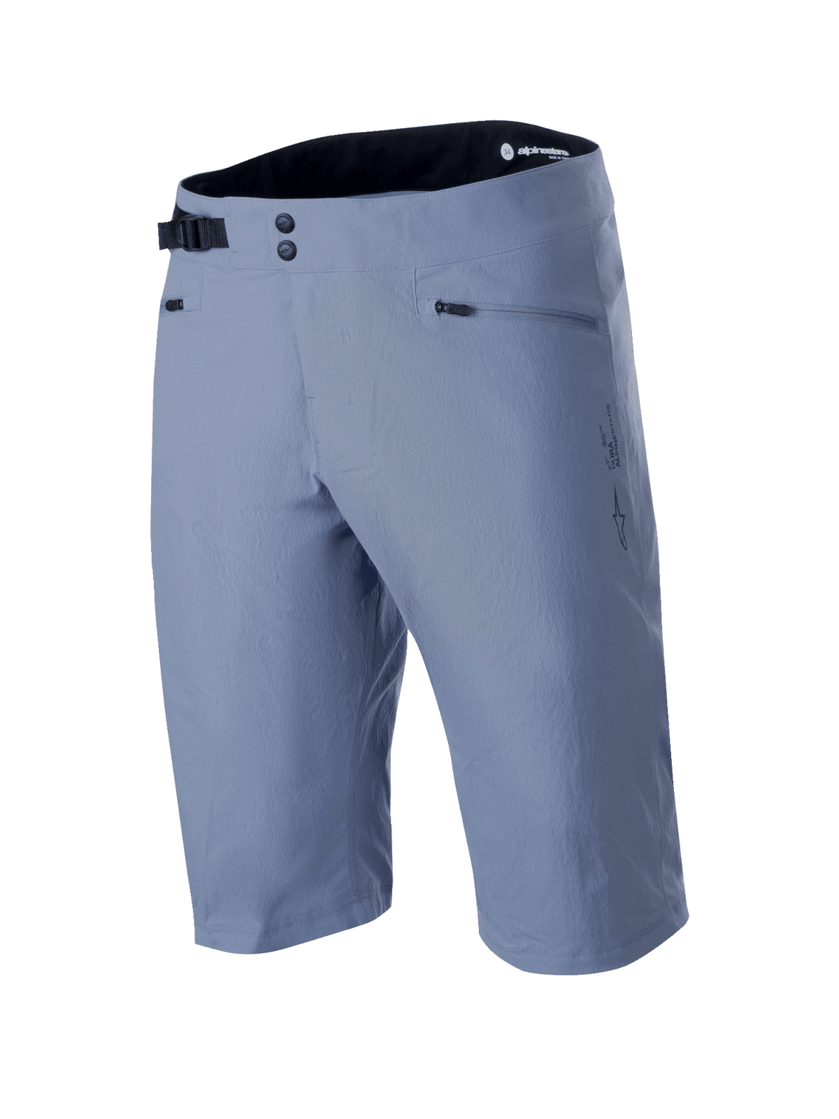 Alpinestars A-Dura Shorts, pantalones cortos de ciclismo de montaña en color azul Infinity, con cierre frontal de doble broche, hebilla lateral ajustable negra, bolsillos con cremallera y tejido elástico texturizado en 2 direcciones, ropa técnica de MTB