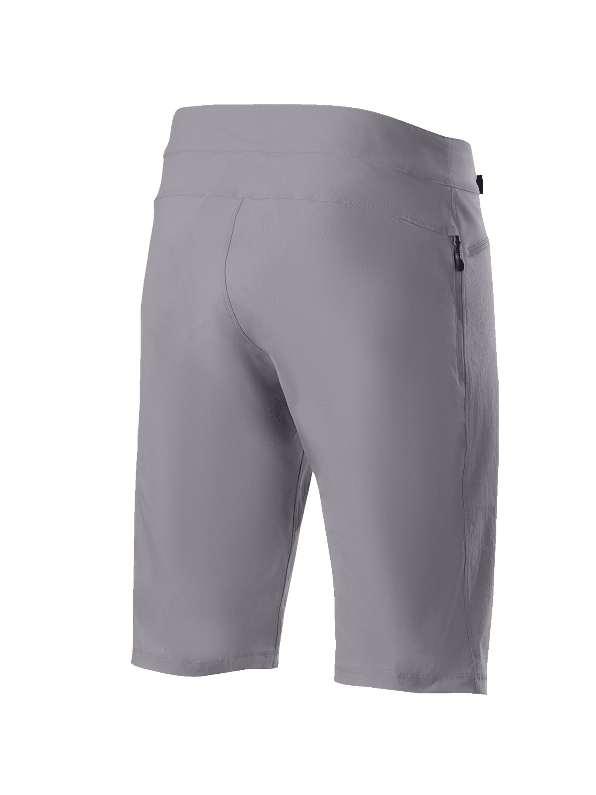 Shorts Alpinestars A-Dura, shorts de ciclismo de montaña, gris oscuro, vista trasera en tres cuartos que muestra el tejido elástico duradero en dos direcciones y el bolsillo lateral con cremallera, ropa técnica de ciclismo