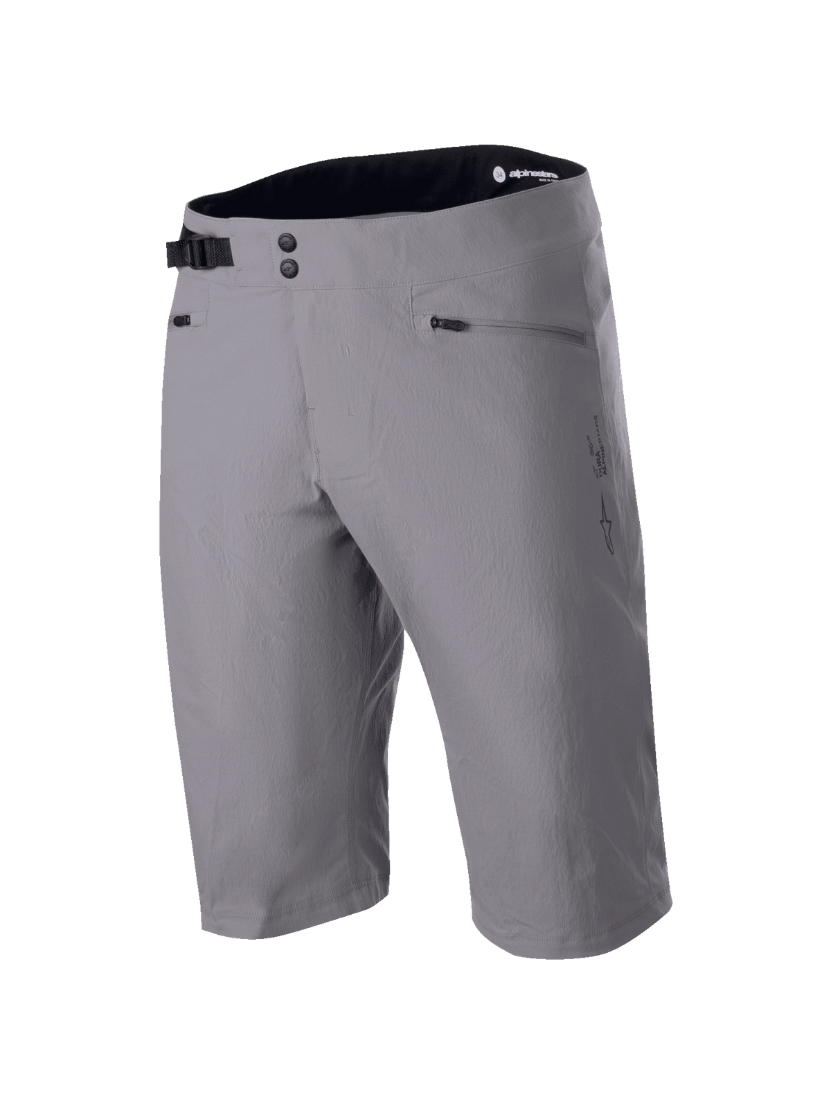 Alpinestars A-Dura Shorts, pantalones cortos de MTB, gris oscuro, diseño hasta la rodilla con cierre de cintura de doble botón a presión y ajuste lateral, bolsillos con cremallera, tejido técnico elástico en 2 direcciones para ciclismo de montaña