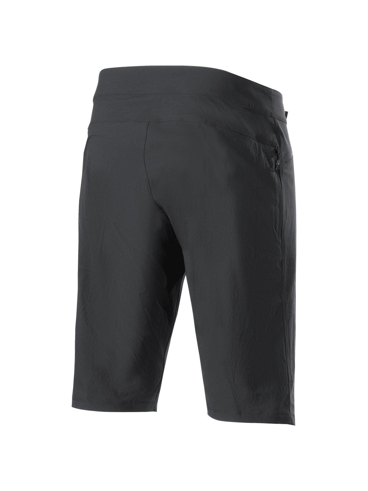 Alpinestars A-Dura Liner Shorts, shorts de MTB negros, vista trasera en tres cuartos, con un bolsillo lateral con cremallera, tejido elástico duradero y un diseño atlético estilizado para ciclismo de montaña