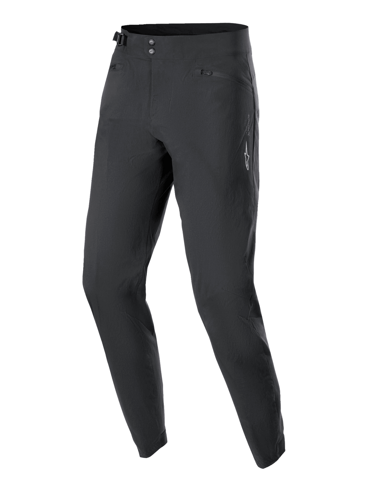 Pantalones Alpinestars Stella A-Dura para mujer, pantalones de ciclismo MTB, negro, con cierre frontal de doble broche, ajustador lateral de la cintura y bolsillos con cremallera, diseño minimalista con un pequeño logo de estrella blanco, tejido elástico en 2 direcciones duradero para ciclismo todoterreno