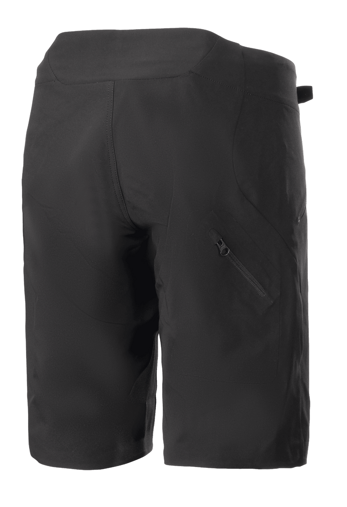 Alpinestars Stella Drop Algorithm Shorts para mujer, negros, pantalones cortos de ciclismo de montaña, vista trasera que muestra paneles técnicos y bolsillo diagonal con cremallera en la pierna derecha, diseño ligero y duradero para ciclismo todoterreno