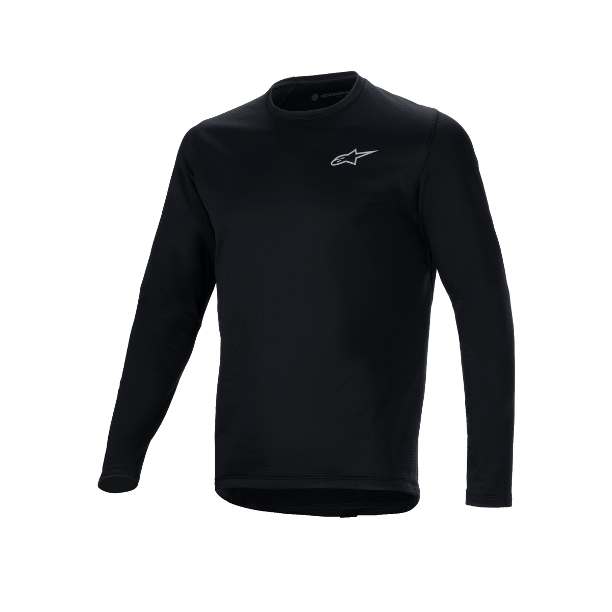 Jersey térmico Alpinestars A-Dura, jersey de ciclismo de manga larga negro, pequeño logotipo blanco de Alpinestars en el pecho, cola extendida para mayor cobertura trasera, forro de vellón aislante para ciclismo de montaña en climas fríos