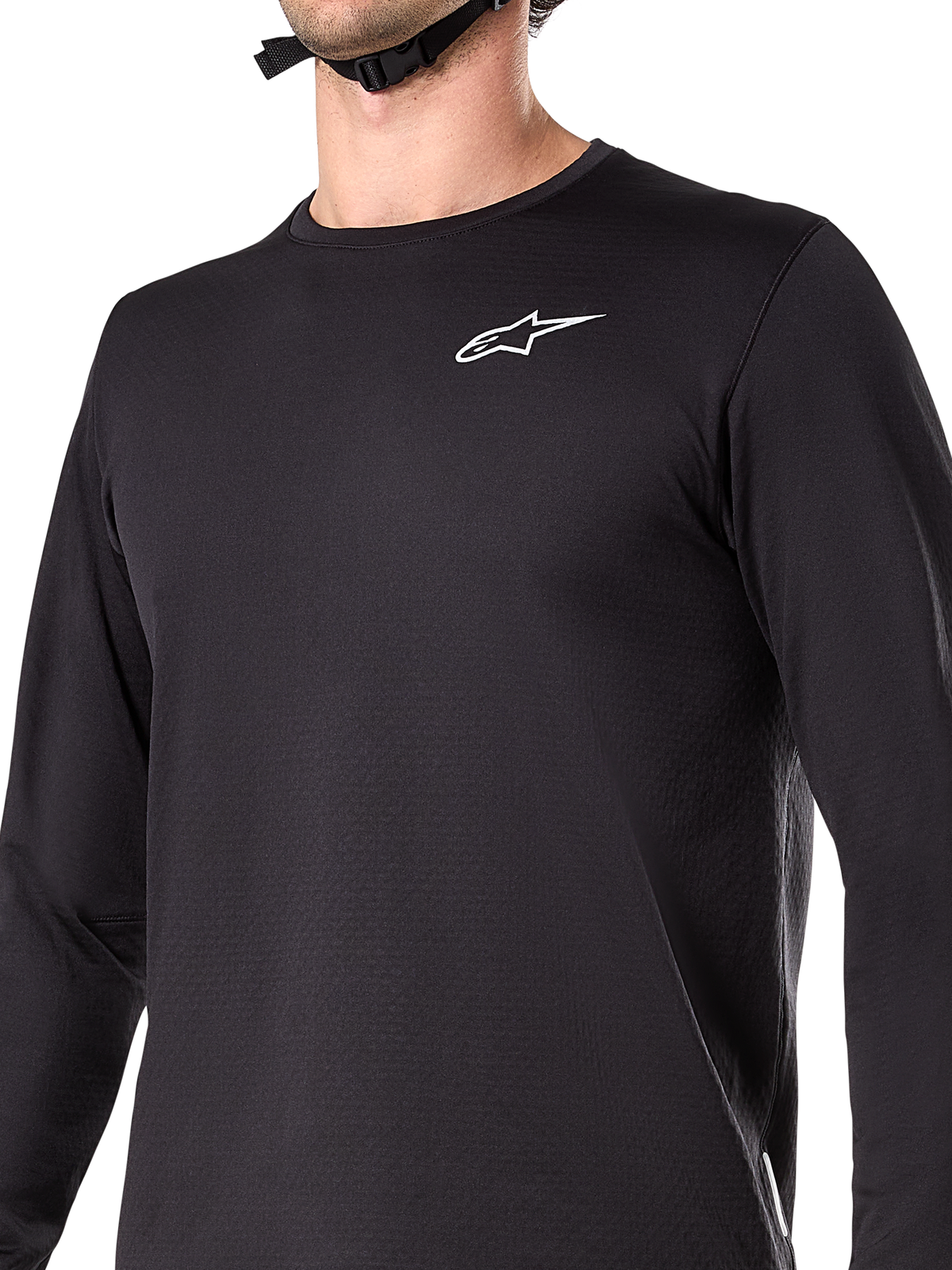 Alpinestars A-Dura Thermal Jersey, jersey de ciclismo de manga larga, negro, con logotipo blanco en el pecho, tejido con forro polar aislante, cola trasera extendida, diseñado para ciclismo de montaña en climas fríos
