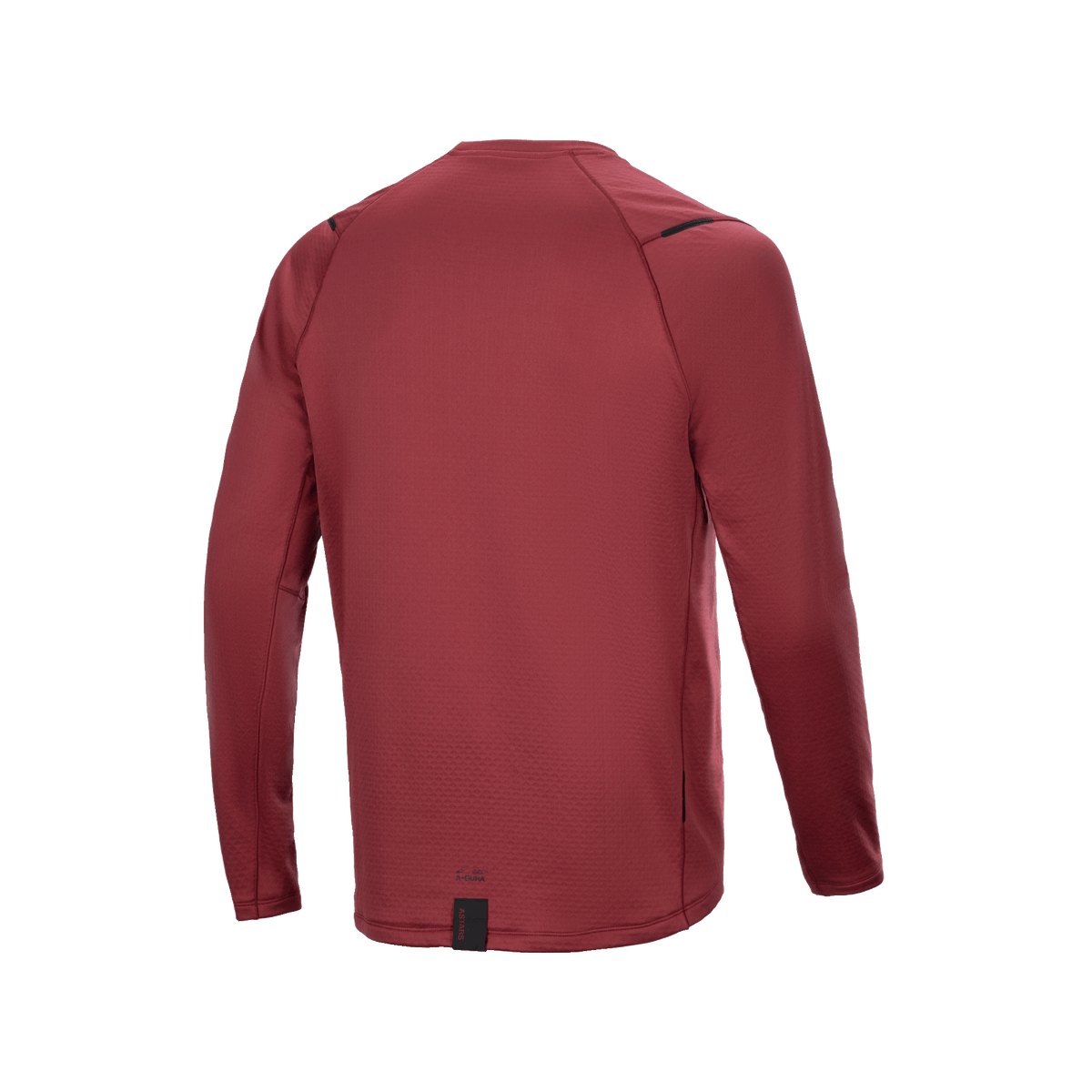 Jersey Térmico Alpinestars A-Dura, jersey de ciclismo de manga larga, color borgoña, vista trasera que muestra la parte posterior más larga para mayor cobertura, tejido térmico aislante texturizado, marca minimalista en el dobladillo