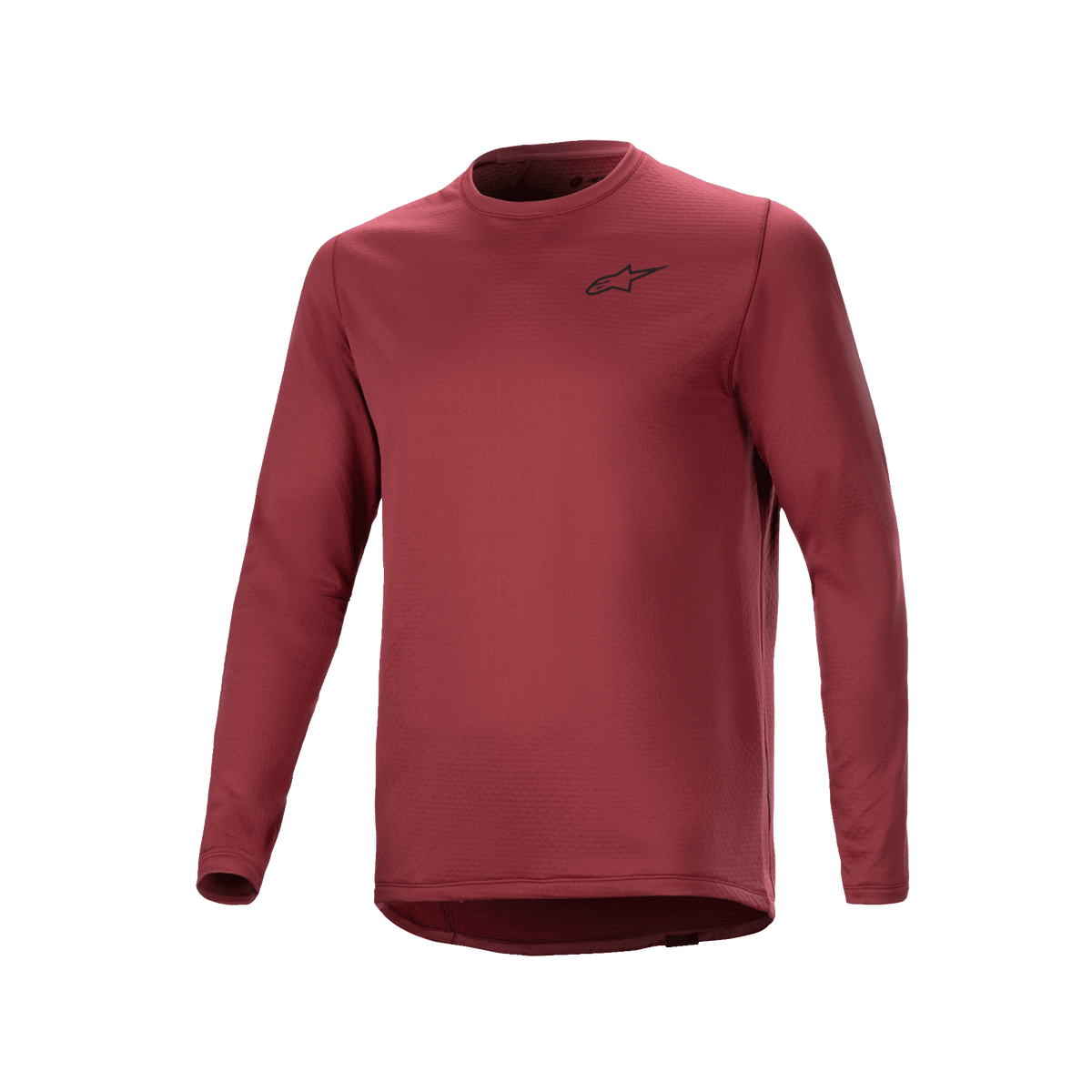Alpinestars A-Dura Thermal Jersey, jersey de ciclismo de manga larga, color granate, tejido aislante texturizado con un pequeño logotipo de estrella negro en el pecho, dobladillo trasero extendido para ciclismo de montaña (MTB).