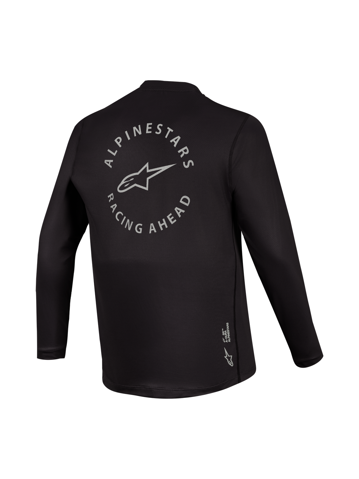 Camiseta negra A-Dura Air de manga larga, vista trasera con gráfico gris Racing Ahead, equipo de MTB transpirable.