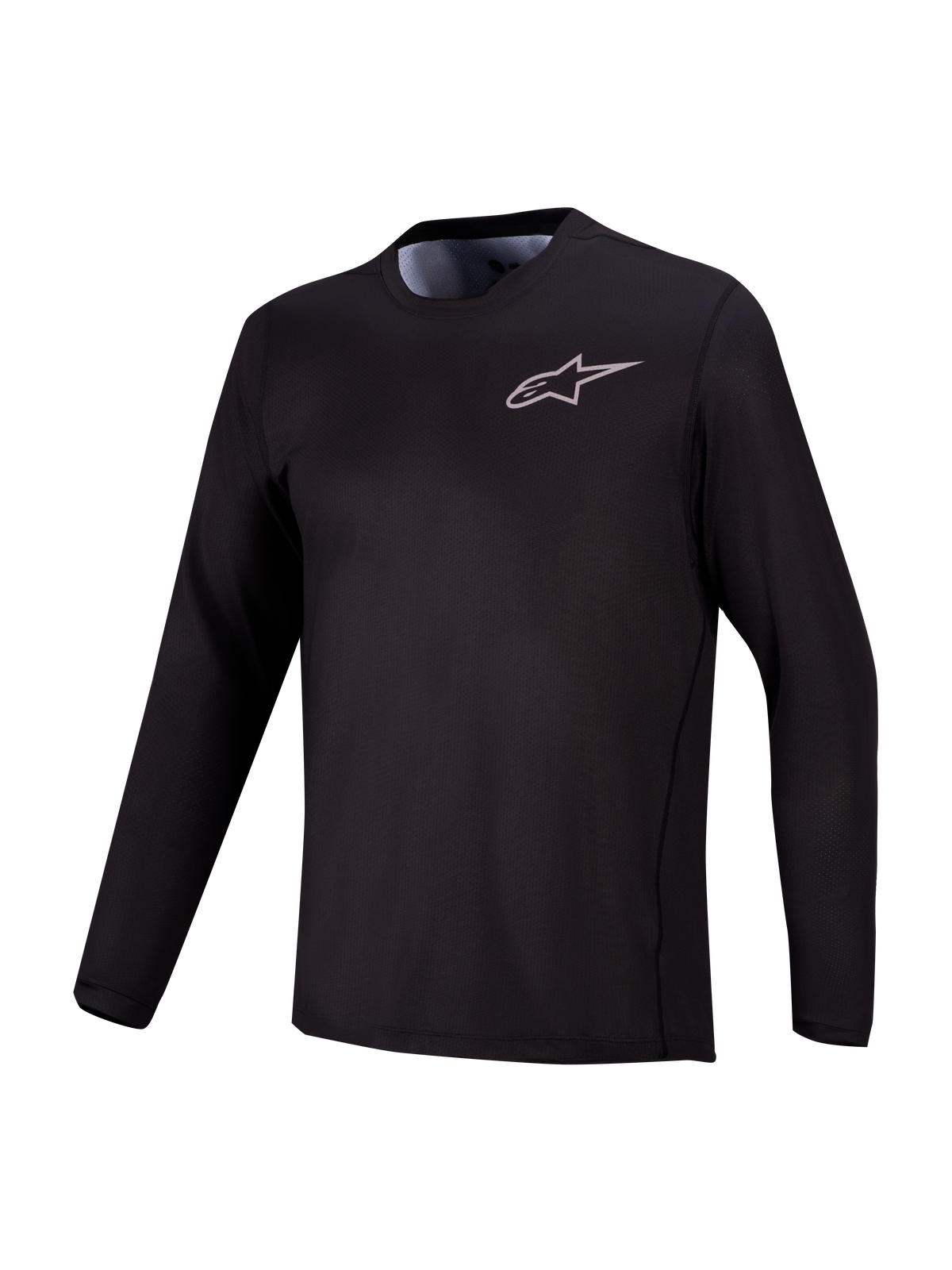 Camiseta MTB Alpinestars A-Dura Air negra de manga larga, malla jacquard transpirable y logotipo sutil en el pecho.