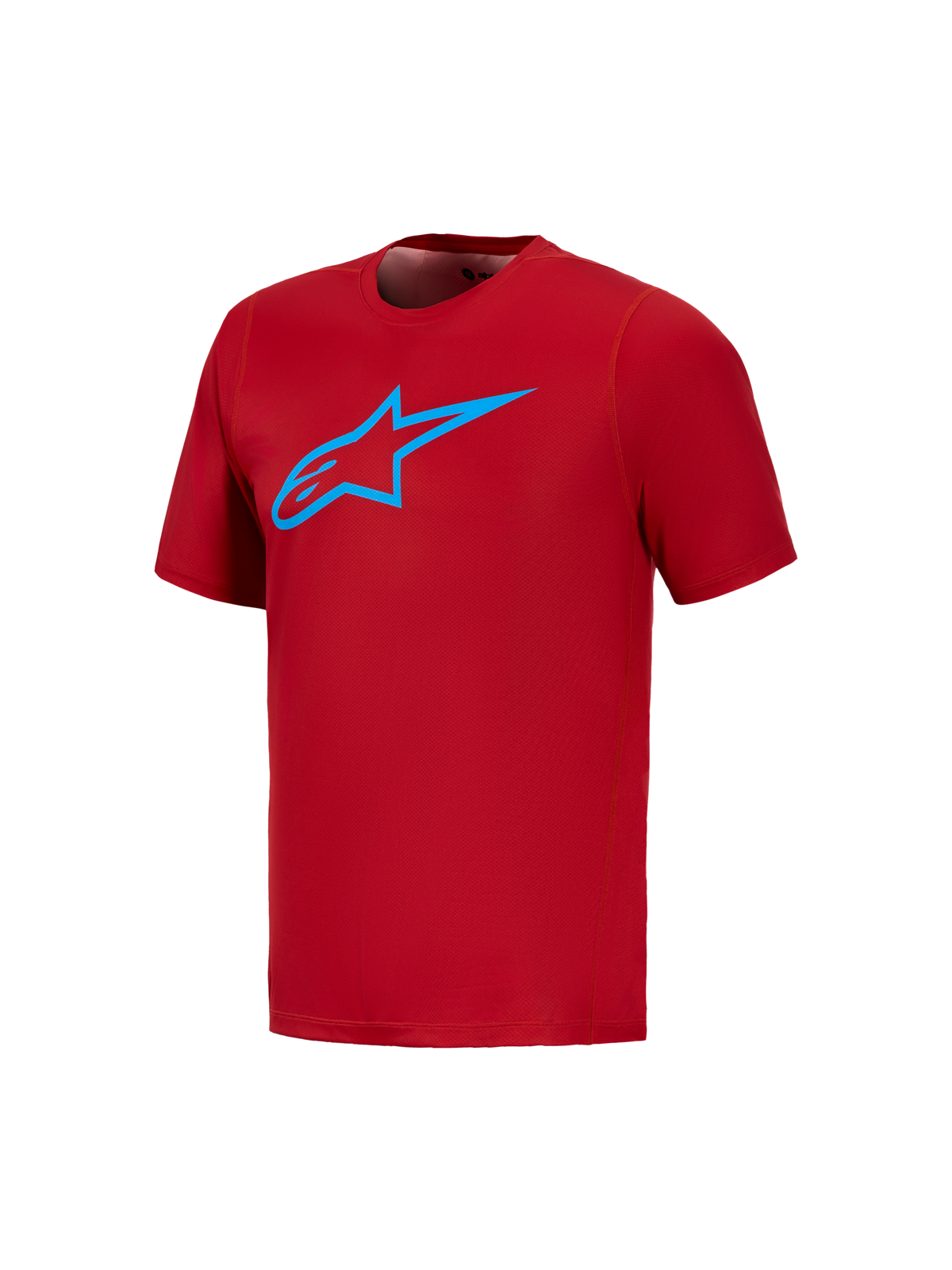 Camiseta Alpinestars A-Dura Ride roja, manga corta con logotipo Astars azul, diseñada para alto rendimiento en MTB