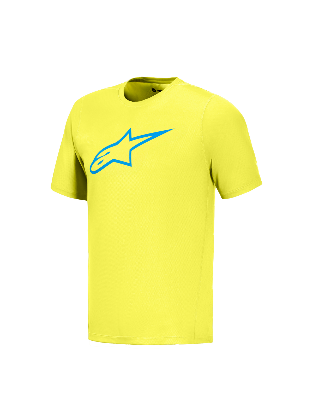 Camiseta de manga corta A-Dura Ride en amarillo flúor con logo Astars azul, ropa técnica para ciclismo de montaña.