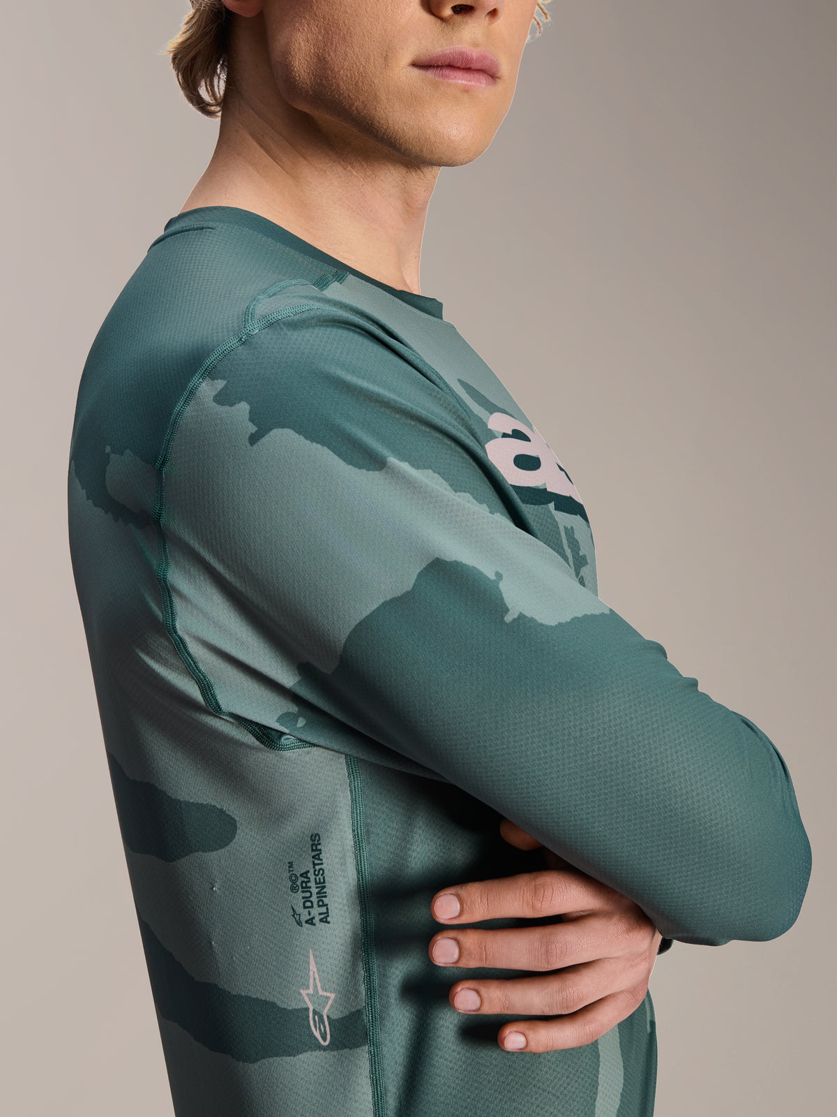 Alpinestars A-Dura Hollow Camo Long Sleeve Jersey, Silver Pine Camo, green camouflage pattern, featuring A-Dura wordmark and Astars logo on the side, technical MTB riding apparel