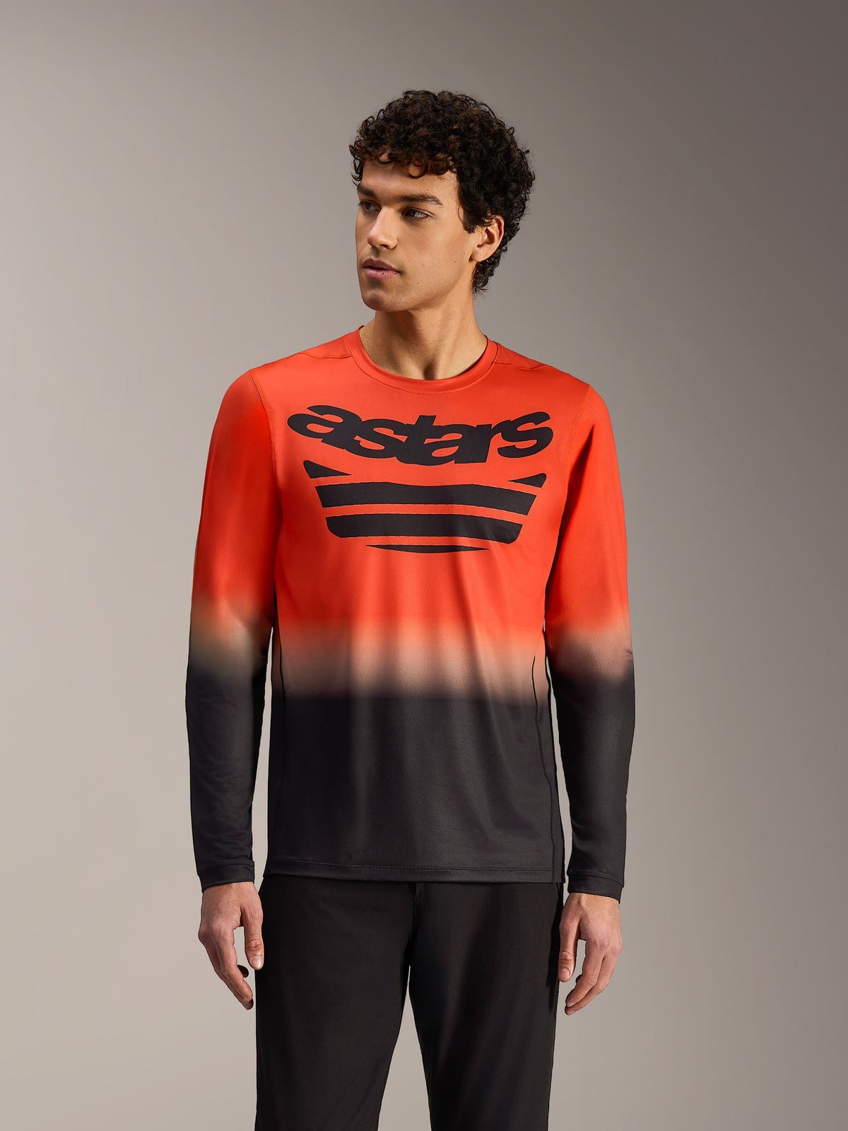 Camiseta A-Dura ASTARS 2.0 de manga larga, degradado naranja y negro con gráficos llamativos en el pecho para MTB