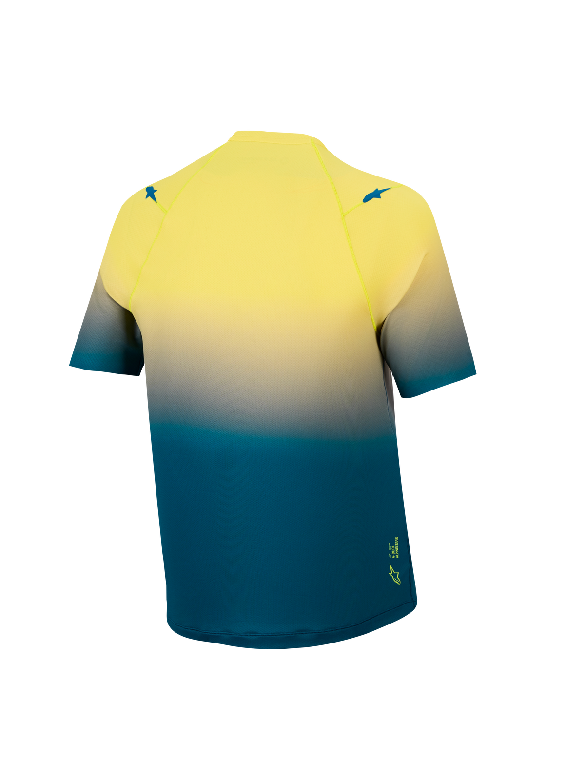 Maillot A-Dura ASTARS 2.0, vista trasera con degradado azul y amarillo flúor, camiseta de MTB elástica de manga corta