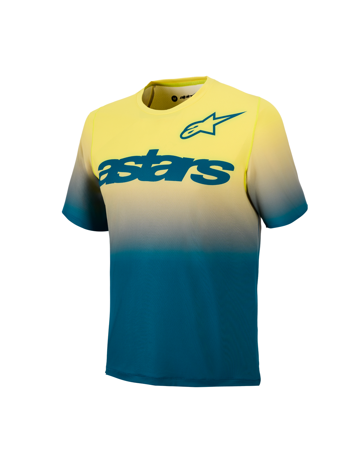 Maillot A-Dura ASTARS 2.0, manga corta MTB en degradado amarillo flúor y azul verde con logo teal frontal.