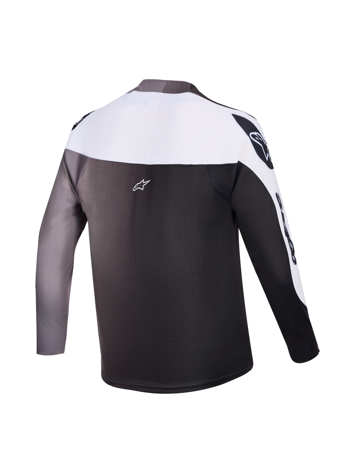 Maillot Alpinestars A-Supra Elite visto desde atrás, diseño gris degradado de manga larga para competición de MTB.