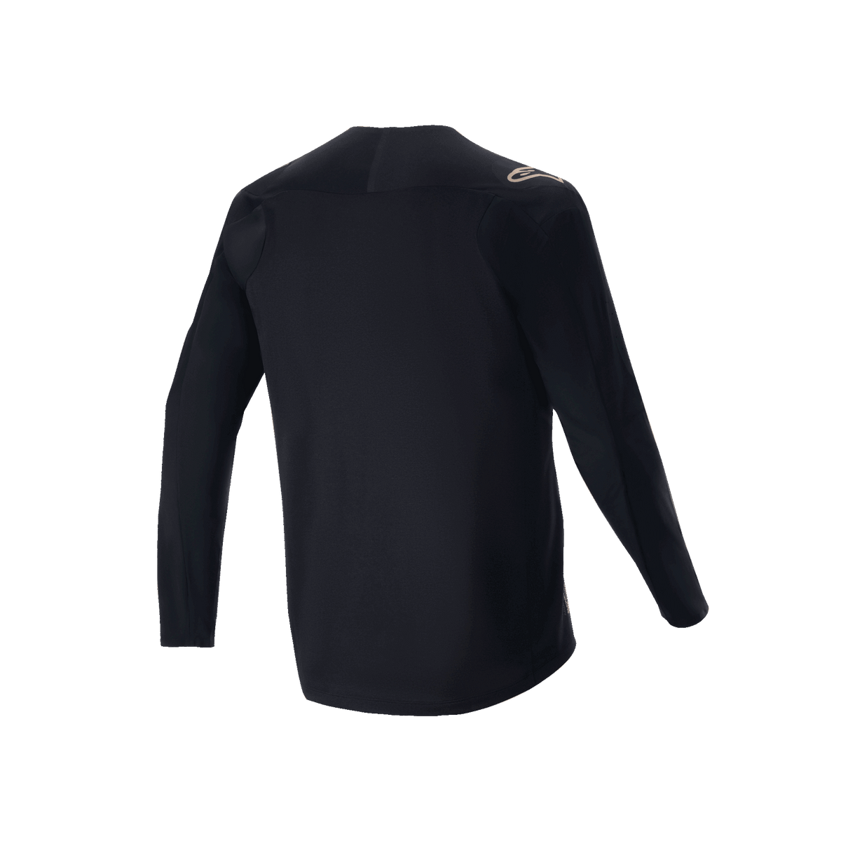 Alpinestars A-Aria Polartec Switch Long Sleeve Jersey, Black, rear view of mountain bike jersey, featuring a small tan logo on the shoulder and drop tail hem, technical moisture-wicking fabric for off-road cycling