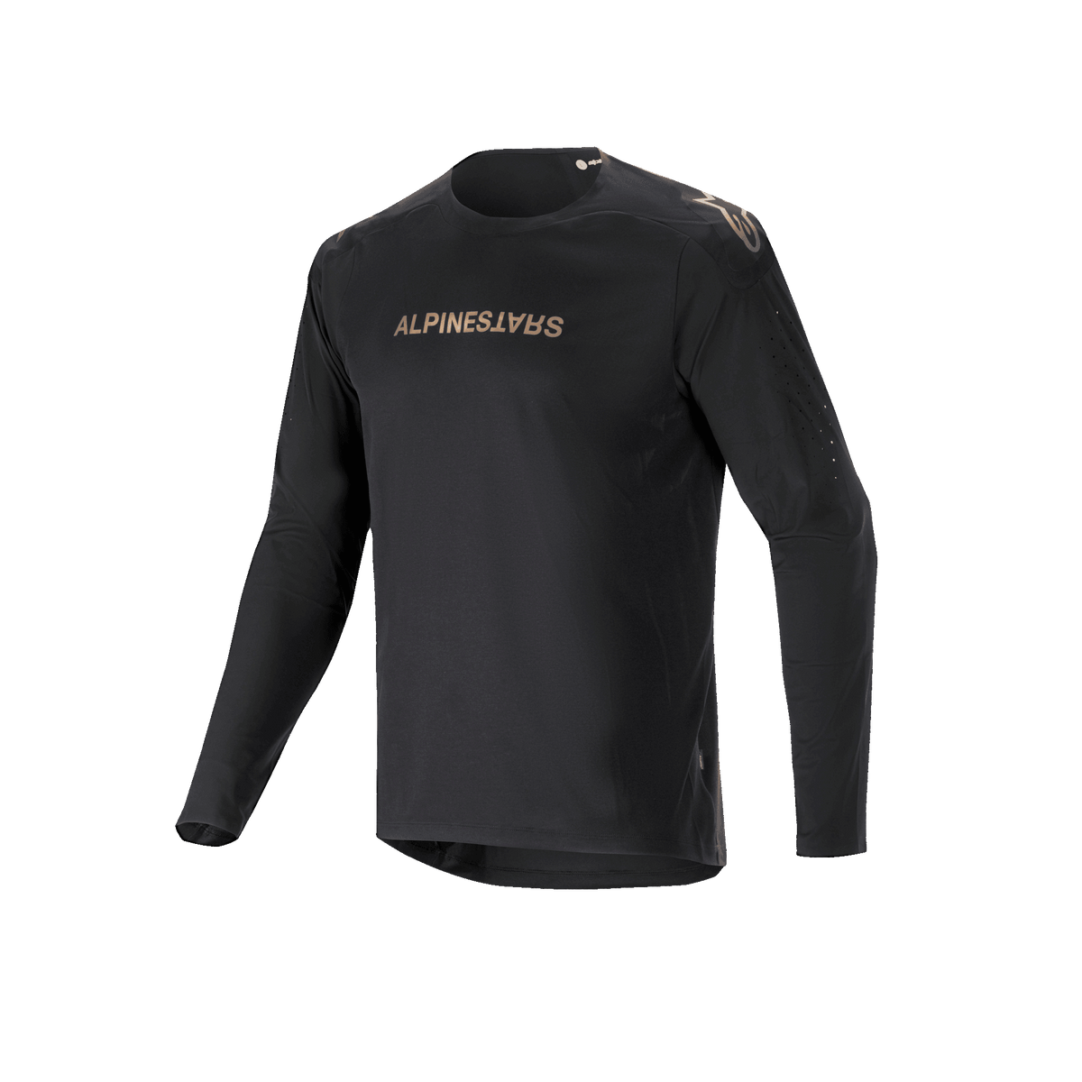 Alpinestars A-Aria Polartec Switch Long Sleeve Jersey, Black, mountain bike jersey featuring gold-toned Alpinestars branding on the chest and shoulders, with laser-perforated arms and moisture-wicking Polartec fabric for off-road performance