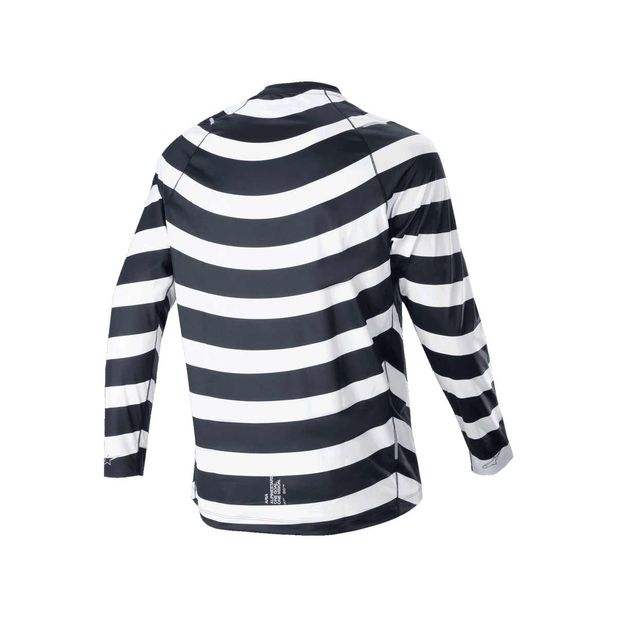 Alpinestars A-Aria Oscar Jersey de manga larga, negro y blanco, vista trasera con el gráfico en espiral heritage, jersey de ciclismo de manga larga con ajuste de rendimiento y cola más larga para senderos de MTB