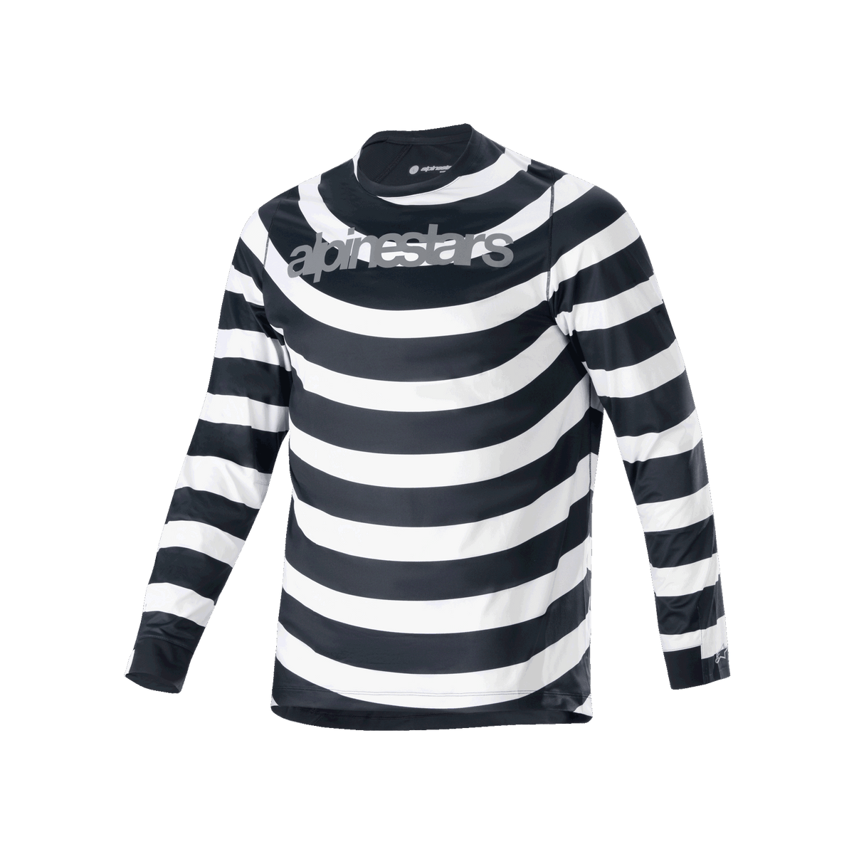 Alpinestars Jersey A-Aria Oscar de manga larga, jersey de MTB para hombre, franjas horizontales en espiral blancas y negras, logotipo de Alpinestars gris en el pecho, equipamiento de ciclismo ligero y transpirable
