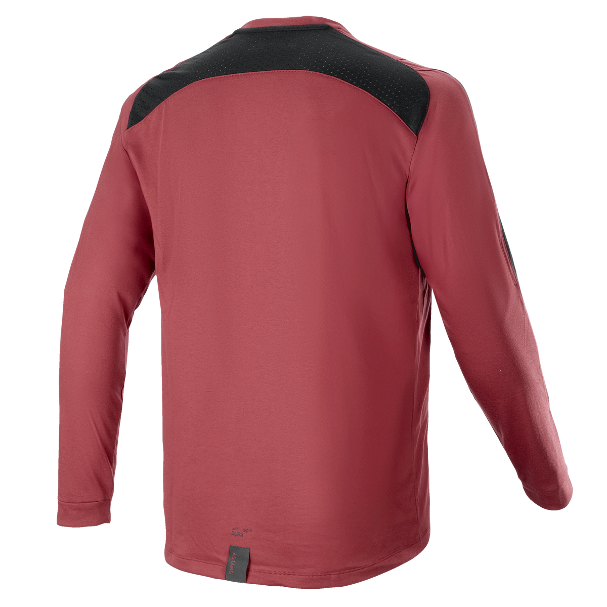 Jersey de manga larga Alpinestars A-Dura Dri Astar, color granate, jersey para ciclismo de montaña, vista posterior con panel de ventilación de malla negra en los hombros, mangas largas, tejido técnico de alto rendimiento para ciclismo todoterreno