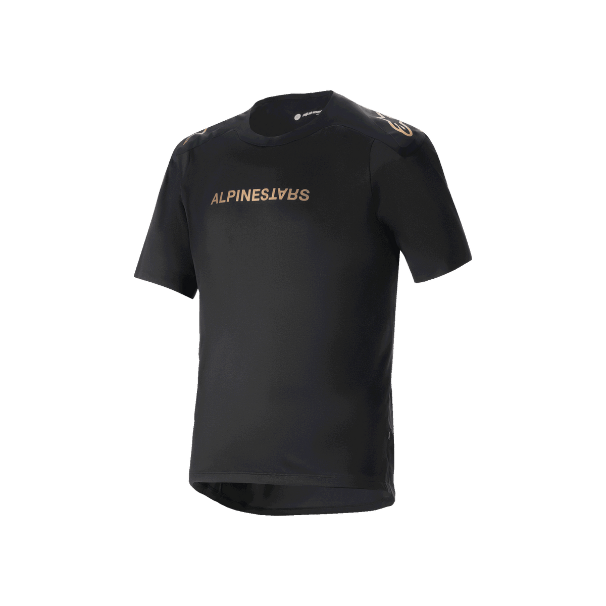 Alpinestars A-Aria Polartec Switch Short Sleeve Jersey, Black mountain bike jersey, bronze-toned Alpinestars branding on chest and shoulders, technical moisture-wicking fabric, performance fit with drop tail hem