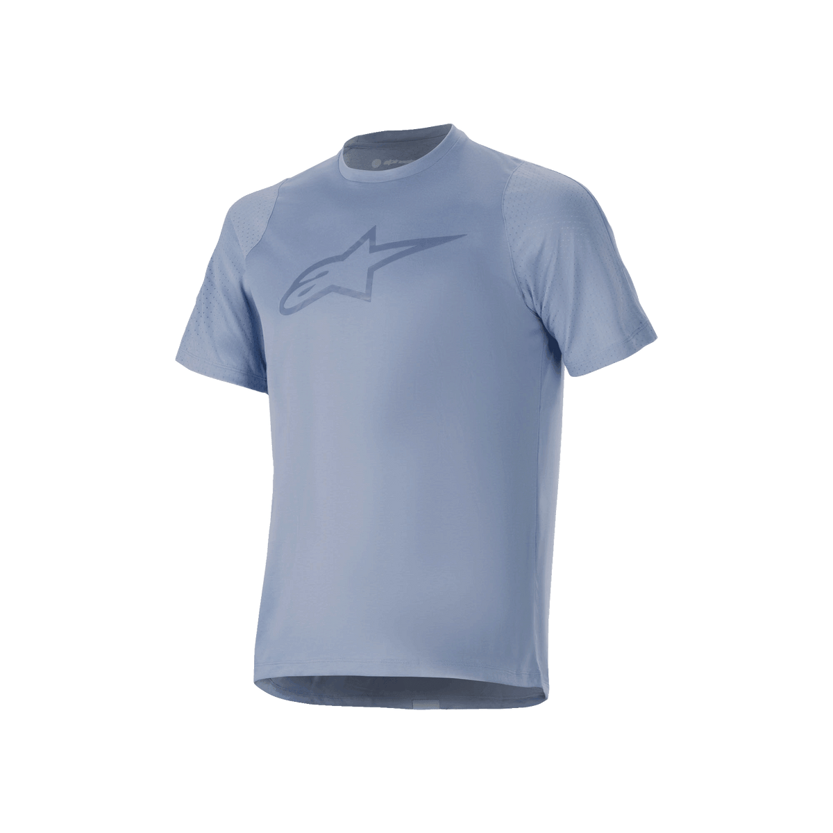 Alpinestars A-Dura Dri Astar Short Sleeve Jersey, Infinity Blue, con un gran logotipo en el pecho, paneles de malla transpirable en las mangas y tejido drirelease, diseñada para el rendimiento en ciclismo de montaña.