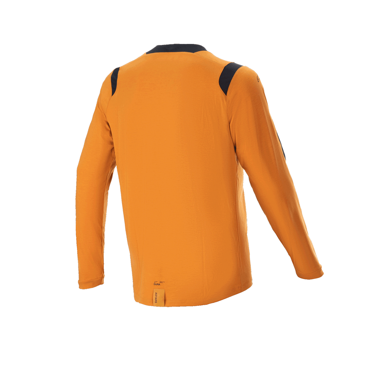 Alpinestars A-Dura Dri Wool Long Sleeve Jersey, Dark Gold, back view featuring black mesh panels on the shoulders and collar, technical mountain bike apparel with a longer drop tail