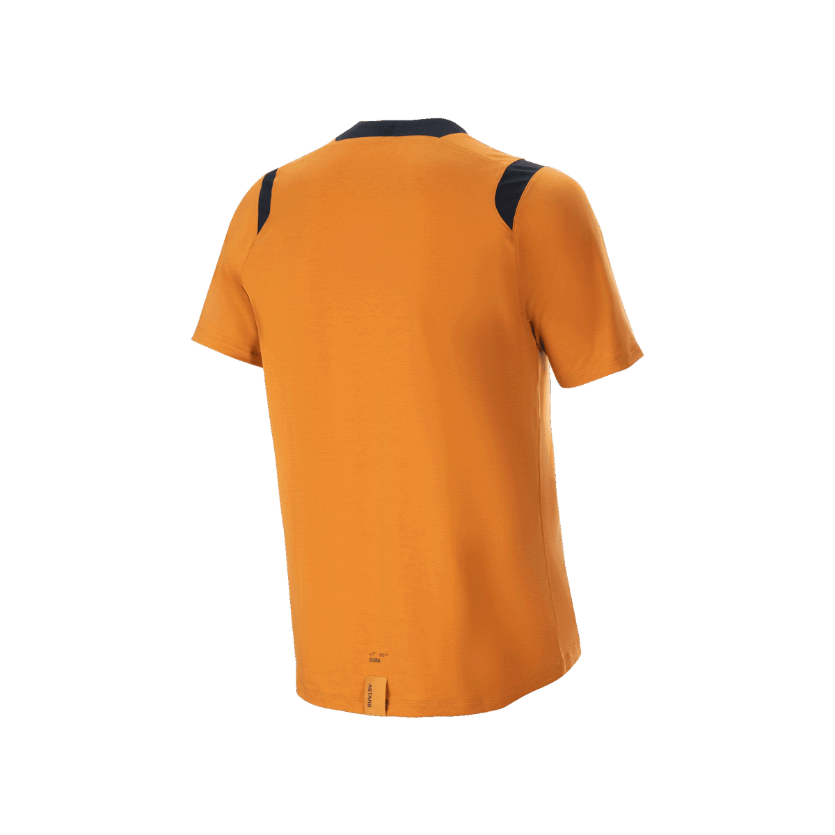 Jersey de manga corta Alpinestars A-Dura Dri Wool, oro oscuro, vista trasera con paneles de malla negros en los hombros y parte trasera más larga, ropa de ciclismo de alto rendimiento
