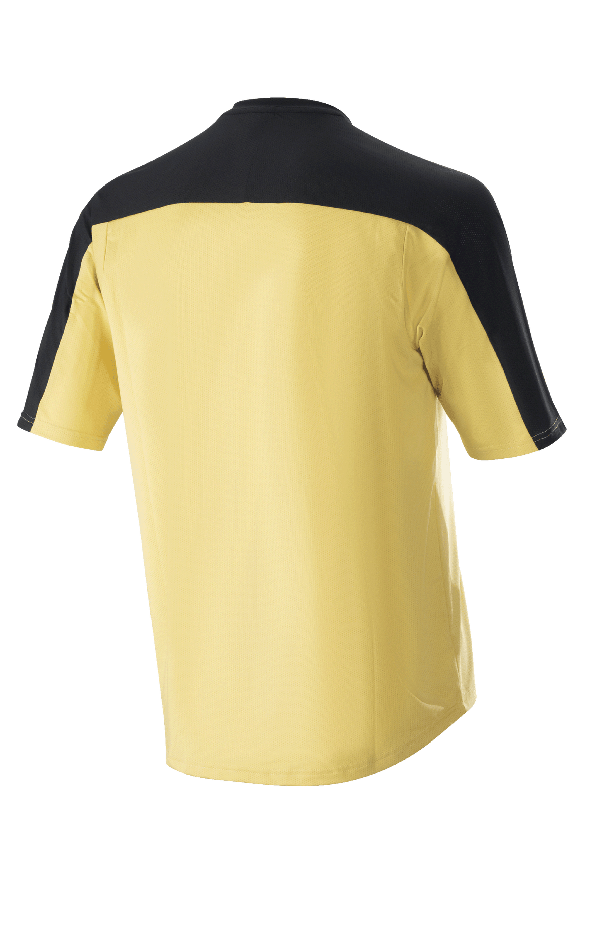 Jersey Alpinestars Drop Meta de manga corta, jersey de ciclismo de montaña, dorado con canesú en los hombros y paneles en las mangas de color negro, vista posterior, parte trasera extendida para mayor cobertura, material de malla ligera.