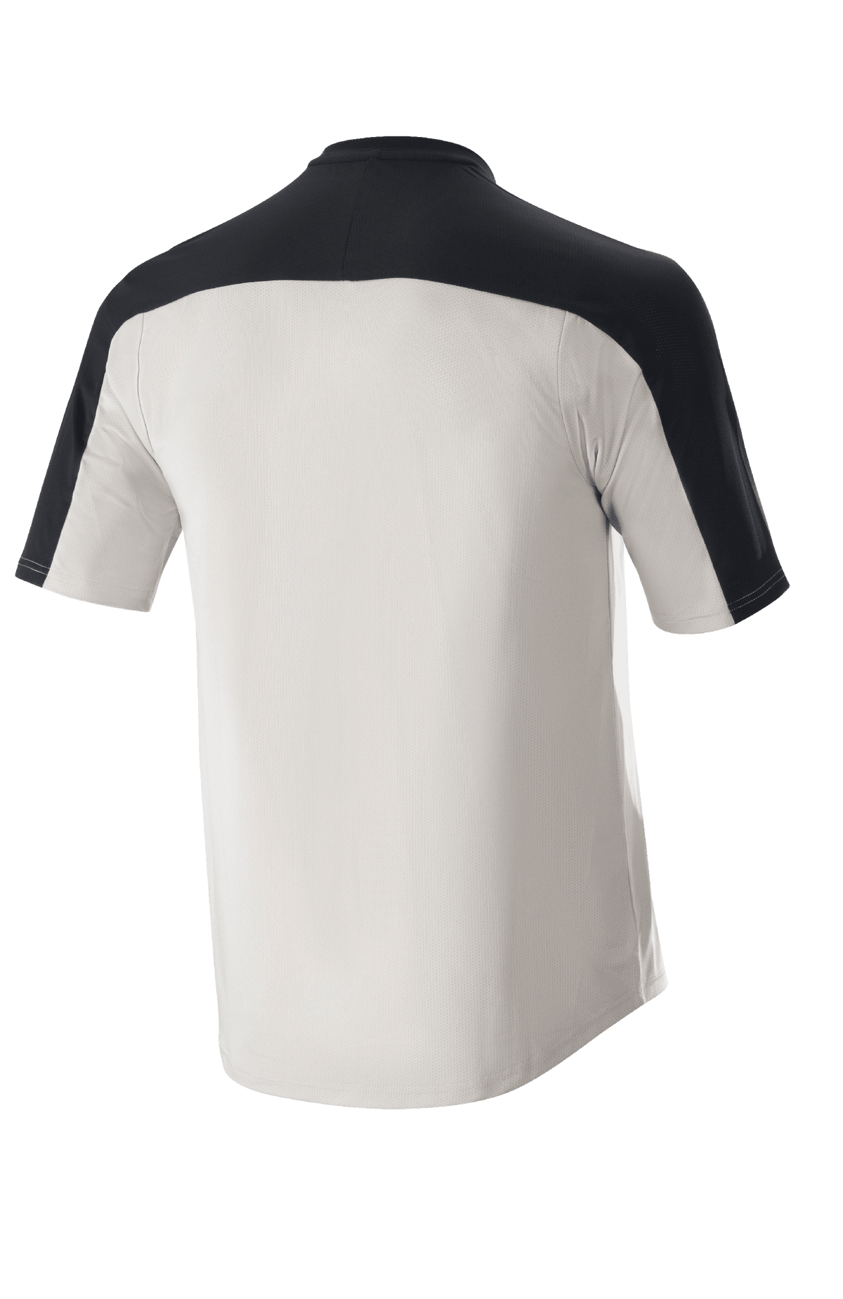 Alpinestars Drop Meta Jersey - Manga Corta, jersey de MTB, gris claro y negro, vista posterior con yugo de hombro negro y cola extendida, construcción de malla transpirable para ciclismo de montaña
