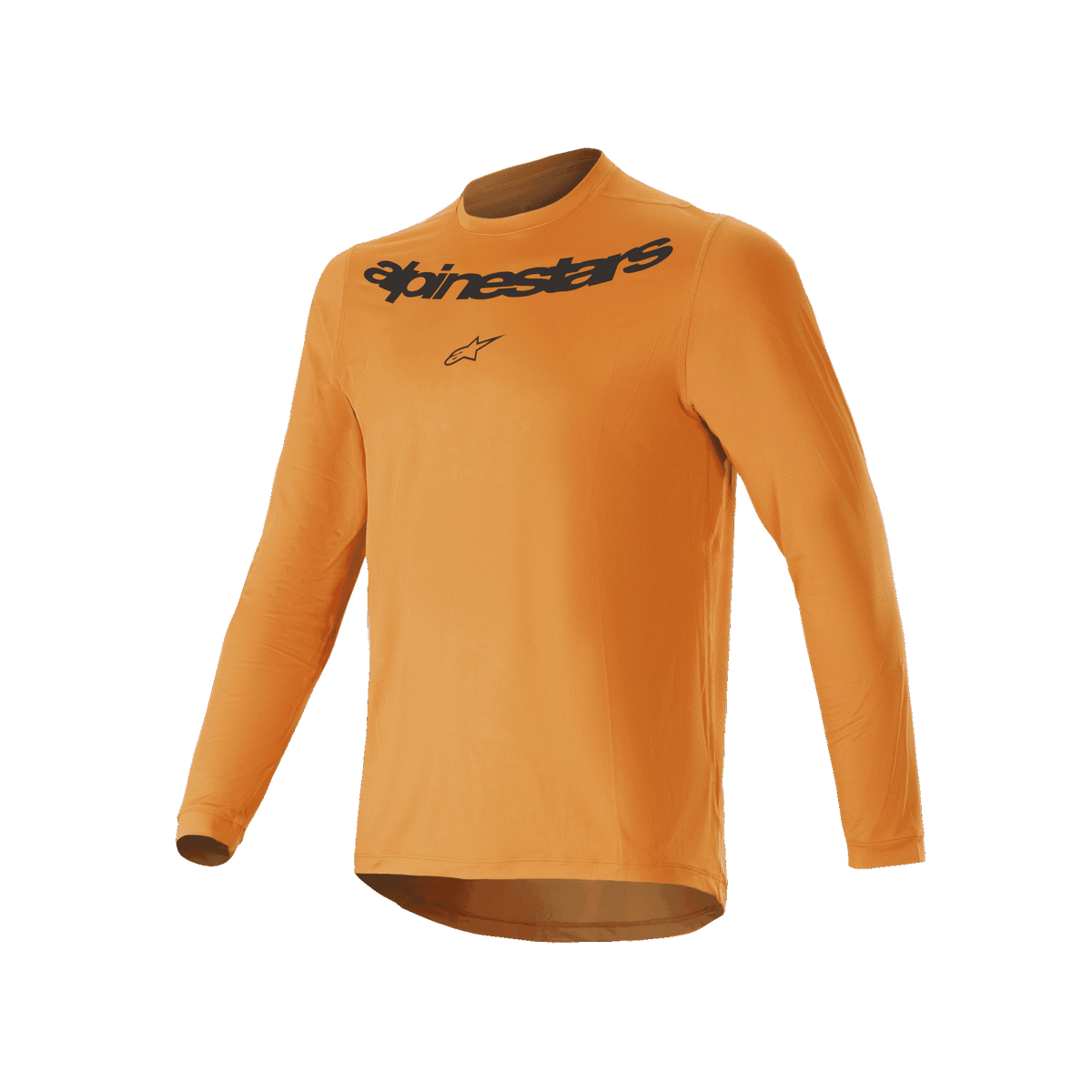 Alpinestars A-Dura Rocker Long Sleeve Jersey, jersey de ciclismo de montaña en color oro oscuro, con logotipo Alpinestars serigrafiado en negro en el pecho, tejido jacquard ligero con diseño de parte trasera más larga, ropa técnica de alto rendimiento para ciclismo