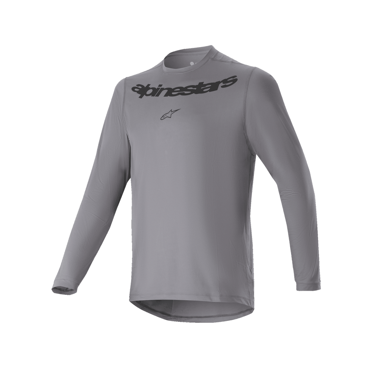 Alpinestars A-Dura Rocker Long Sleeve Jersey, jersey de ciclismo MTB, gris oscuro, con la marca denominativa Alpinestars y el logotipo de la estrella en negro en el pecho, parte trasera más larga, equipamiento de ciclismo de alto rendimiento para bicicleta de montaña