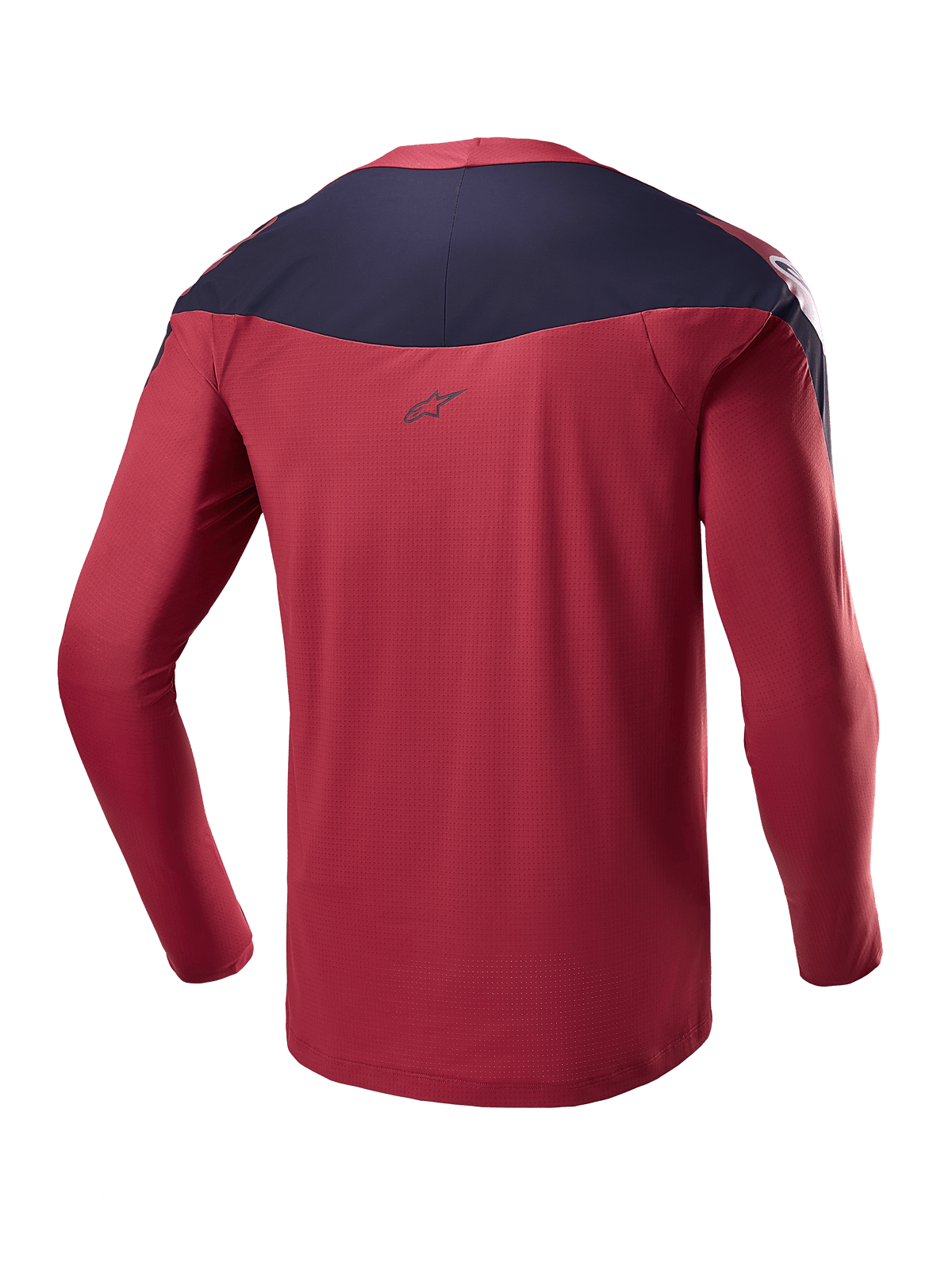 Jersey Alpinestars A-Supra Race - Manga Larga, granate y azul marino, vista trasera que muestra el tejido técnico microperforado, panel oscuro en los hombros con logotipo, equipamiento de MTB de alto rendimiento