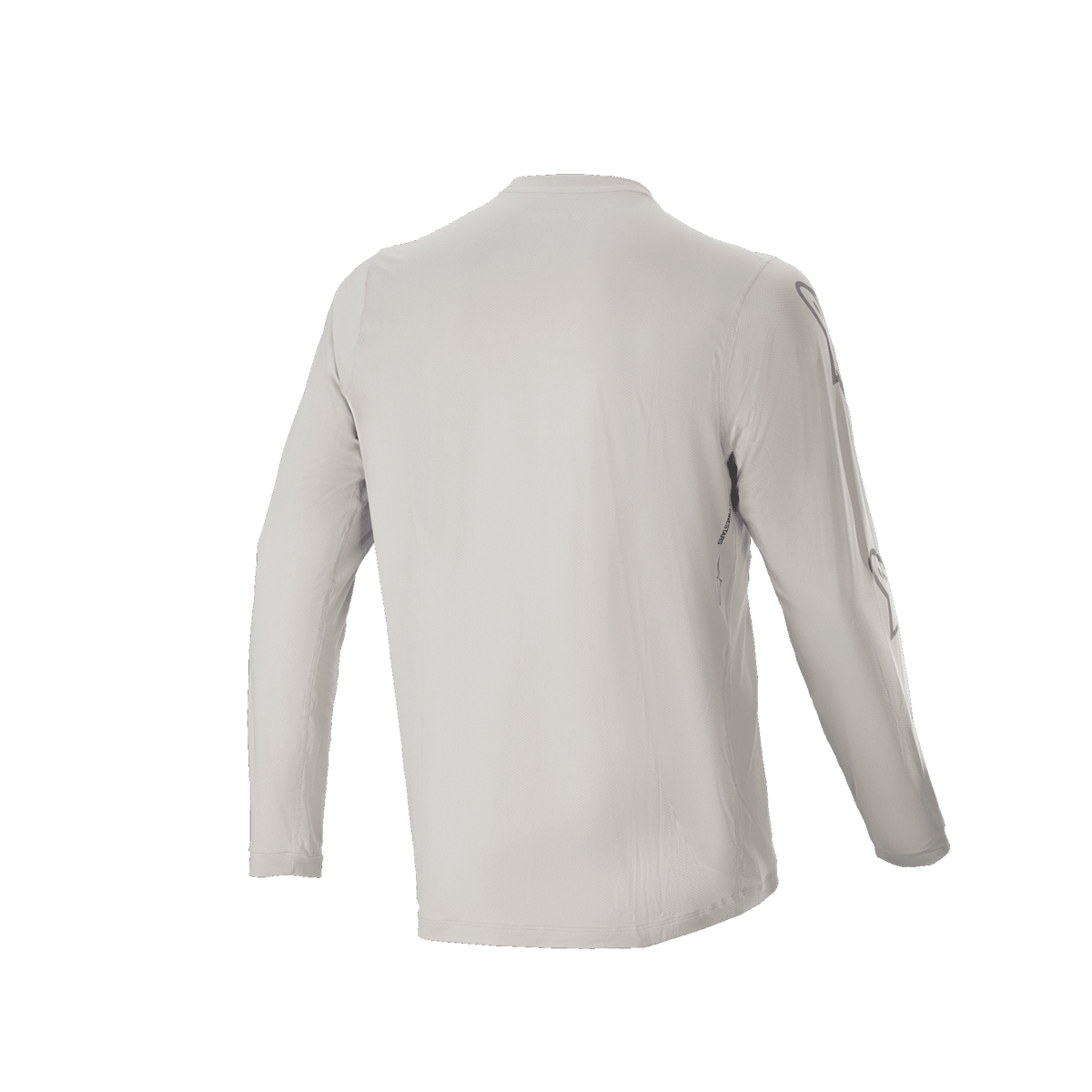 Jersey de manga larga Alpinestars A-Dura Switch, gris claro, vista trasera que muestra las mangas largas y el diseño de cola caída, tejido jacquard ligero que absorbe la humedad para ciclismo de montaña