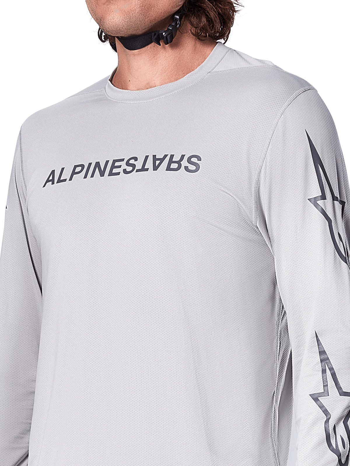 Alpinestars A-Dura Switch Jersey de manga larga, jersey de ciclismo de montaña gris claro con logotipo en el pecho y logo de estrella en la manga, textura jacquard transpirable, equipamiento de alto rendimiento para trail