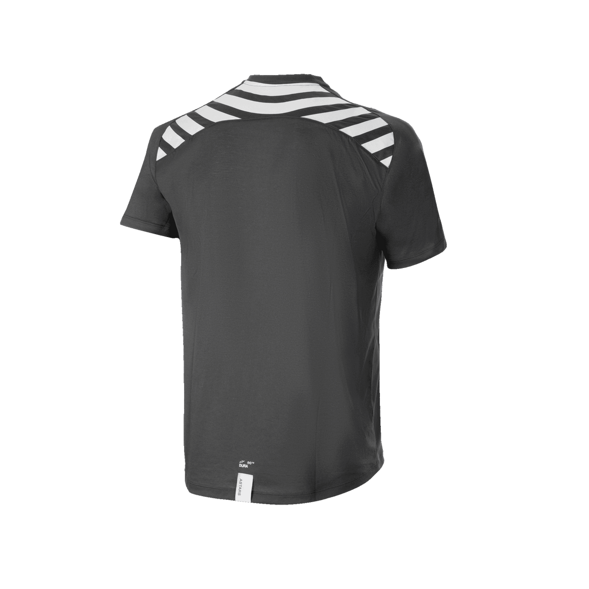 Jersey de manga corta Alpinestars A-Dura Dri Oscar, jersey de MTB, negro reflectante, vista trasera con franjas diagonales blancas en los hombros y la espalda, dobladillo con cola caída para mayor cobertura al pedalear