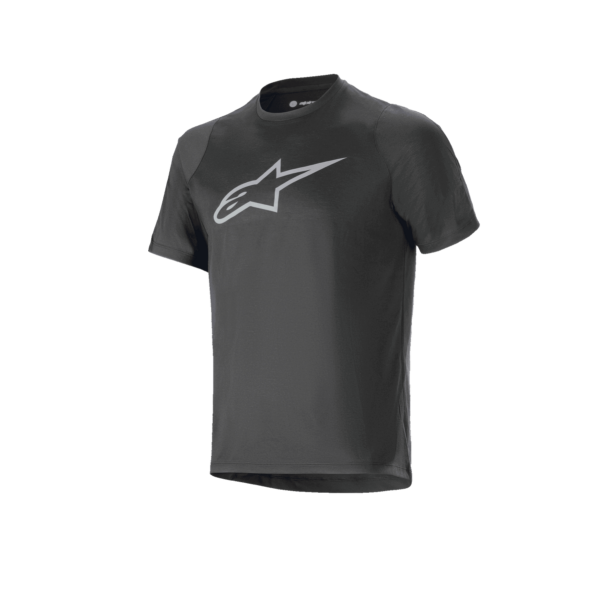 Jersey Alpinestars A-Dura Dri Oscar de manga corta, negro reflectante, con un gran logotipo plateado reflectante de Alpinestars en el pecho, jersey técnico de ciclismo de montaña de ajuste regular