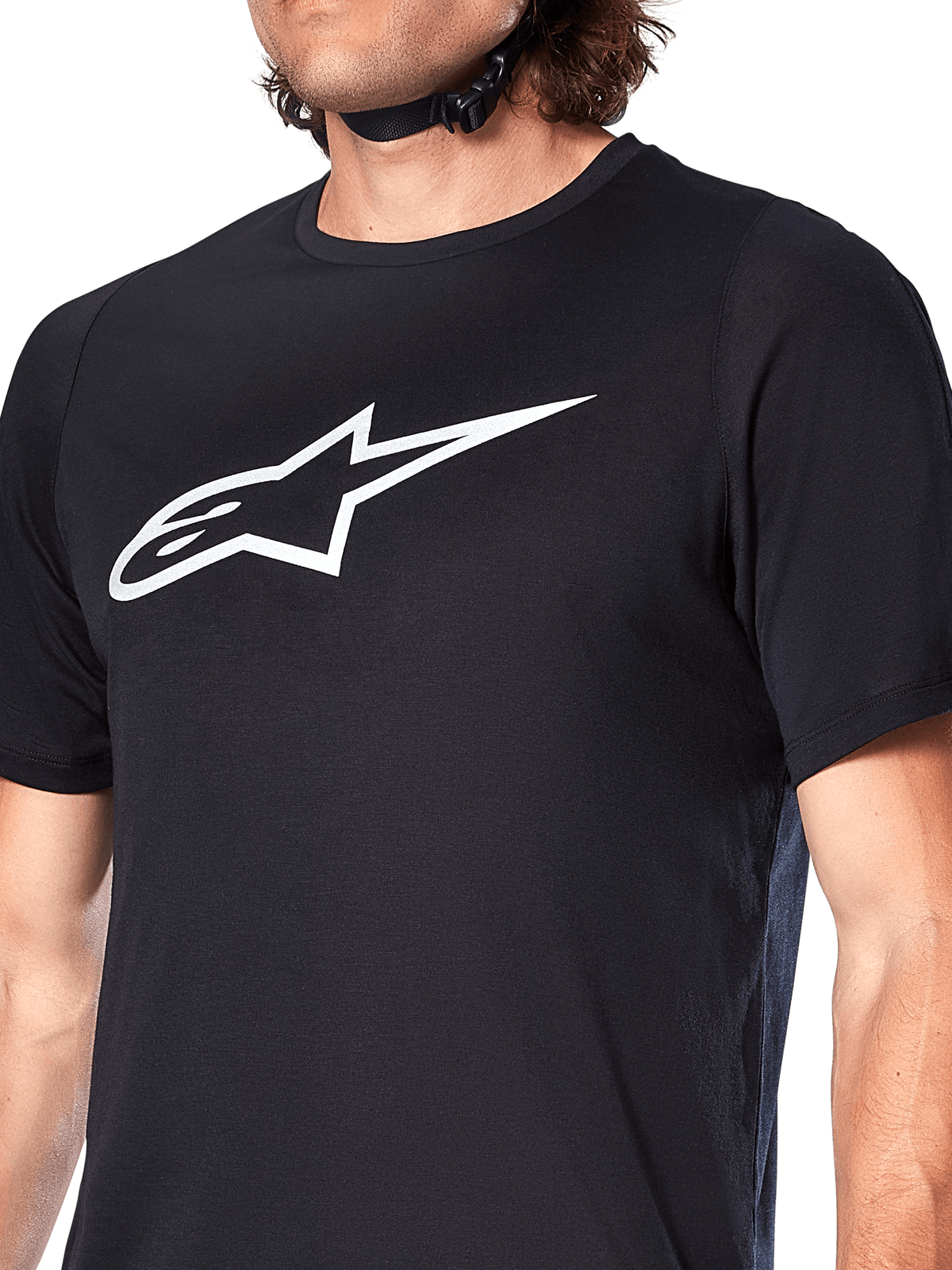 Jersey Alpinestars A-Dura Dri Oscar, jersey de MTB de manga corta, negro reflectante, con un gran logotipo blanco de Alpinestars en el pecho, tejido técnico que absorbe la humedad para ciclismo de montaña