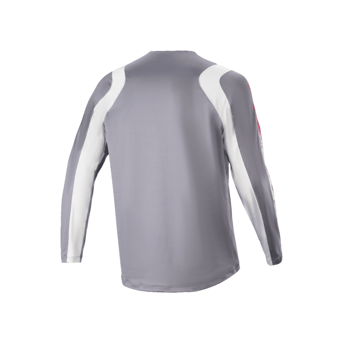 Alpinestars A-Supra Astar Long Sleeve Jersey, Dark Gray and White, back view showing ventilated mesh texture and longer drop tail, performance cycling gear for MTB