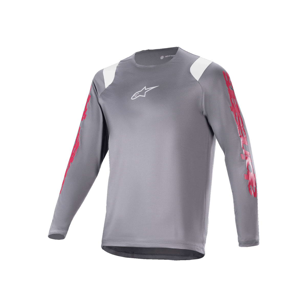 Alpinestars A-Supra Astar Long Sleeve Jersey, Dark Gray MTB Jersey with red sleeve graphics and white shoulder accents, white Astars logo on chest, performance cycling apparel for mountain biking