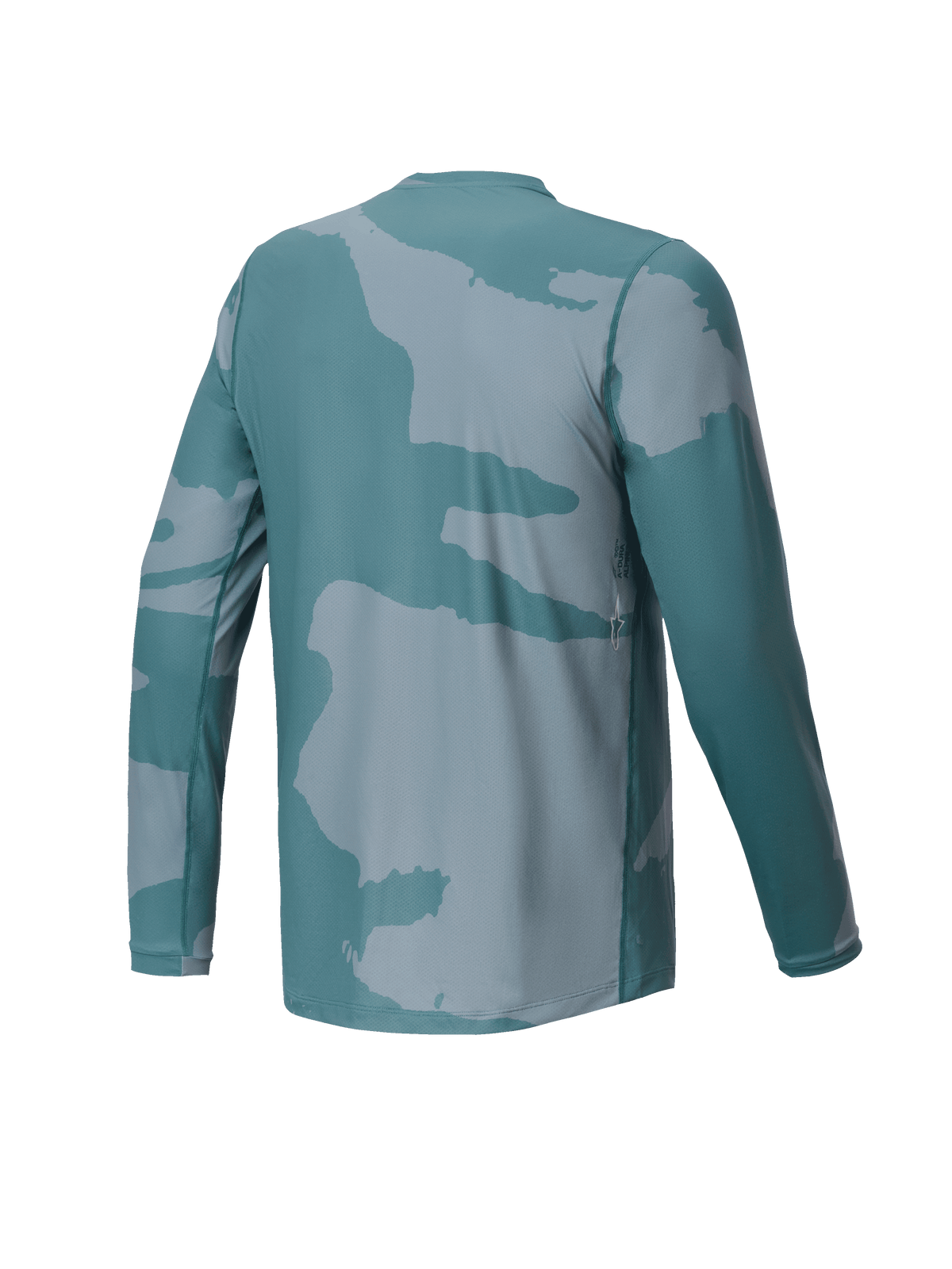 Jersey Alpinestars Youth A-Dura Hollow Camo, jersey de MTB de manga larga, verde Silver Pine Camo, vista trasera con un pequeño detalle del logo y cola caída para mayor cobertura al pedalear