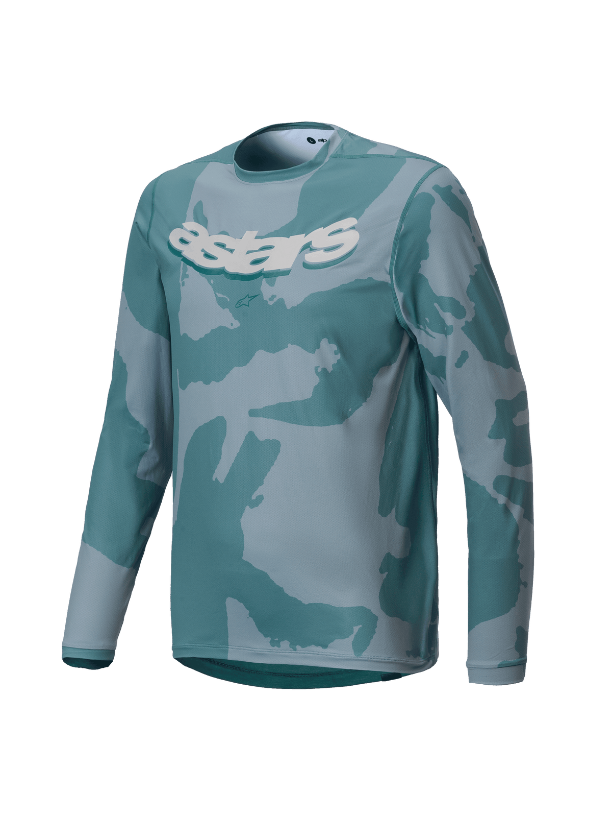 Alpinestars Youth A-Dura Hollow Camo Jersey, jersey de MTB de manga larga, Silver Pine Camo con patrones en verde azulado y gris, gráfico 'astars' blanco en el pecho, tejido de alto rendimiento para ciclismo de montaña juvenil