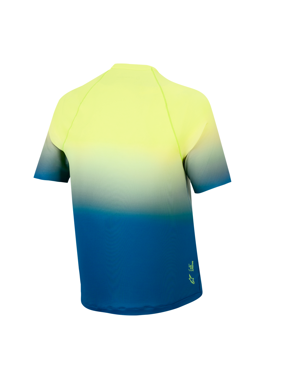 Jersey MTB Adolescente A-Dura Astars 2.0 con degradado amarillo a azul, manga corta y vista trasera con cola caída.